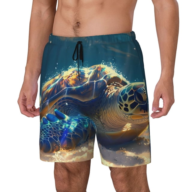 Kdxio Sunshine Underwater Sand Turtle Print Mens Swim Shorts with Mesh Lining, Breathable and Quick-Drying, Adjustable Waist, Privacy Pocket-Large