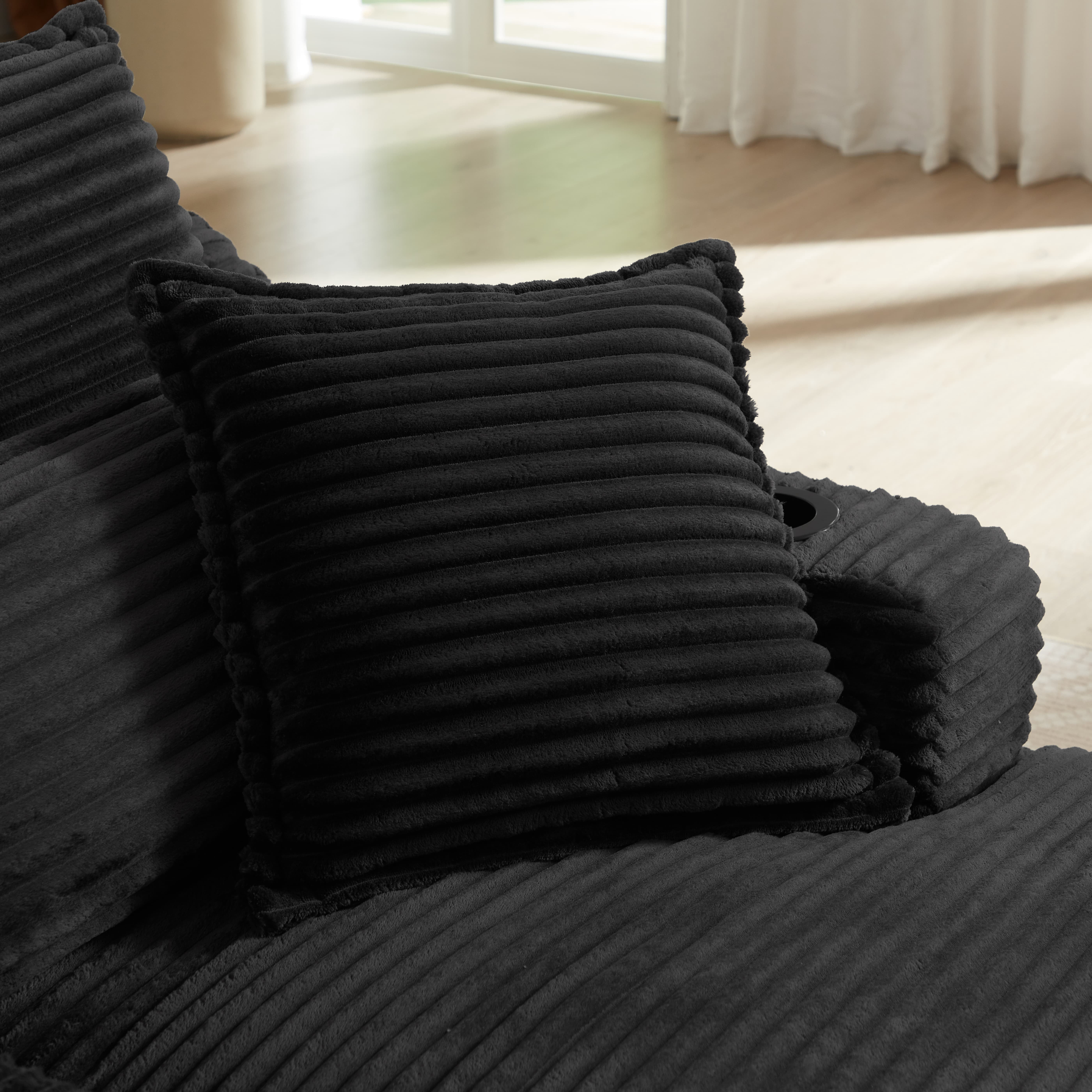 MAYEERTY Black Corduroy Chaise Sofa, Oversized Comfortable Lounge for Living Room, 47×68×35"
