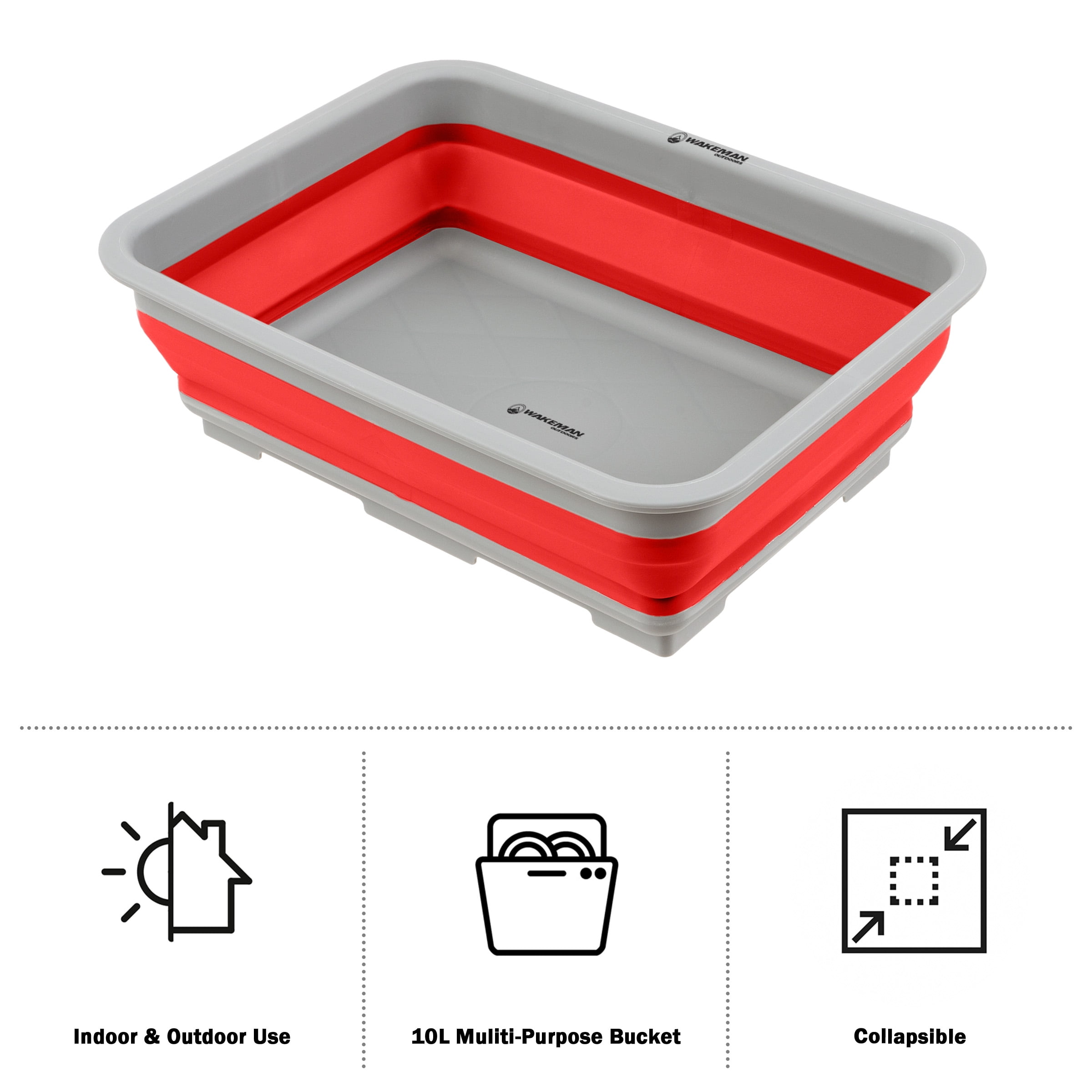 Set of 2 Multipurpose Wash Bins – 10-Liter Basins for Camping, Parties, or Cleaning – Collapsible Bucket Set by Wakeman (Red)