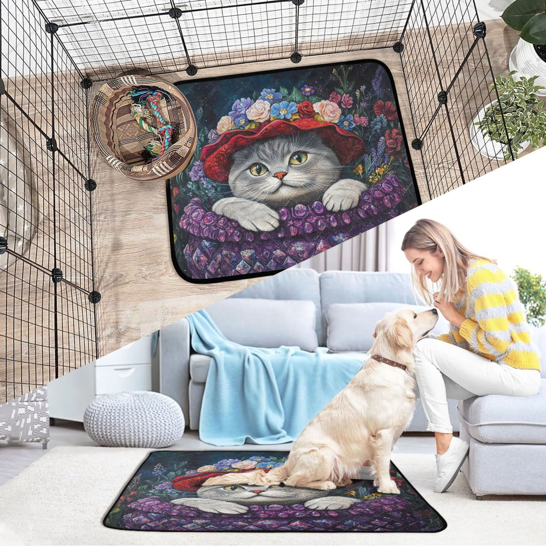 Qxltty Cute Cat Wearing Wreath Cat litter Pads Pet Set of 2 Diaper Mats Center Anti-leakage Layer Absorbent Soft and Comfortable