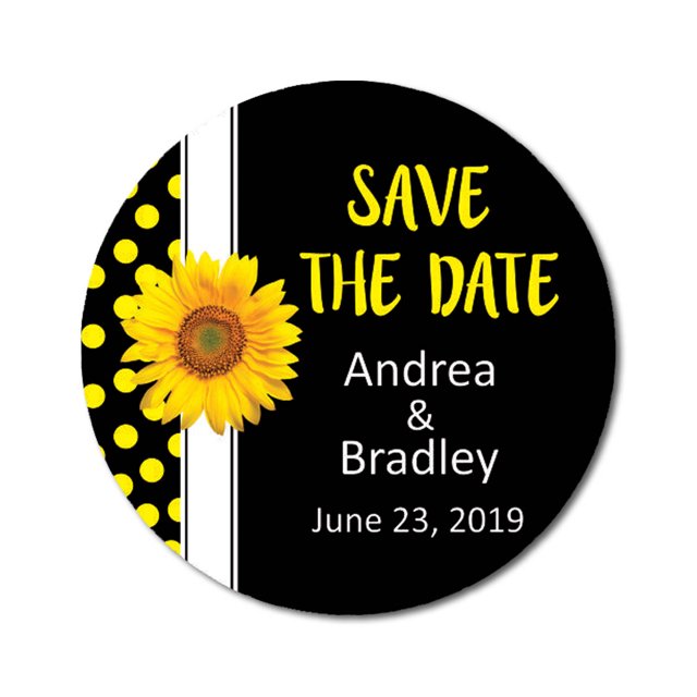 Darling Souvenir Round 45 Pcs Sunflower Save The Date Stickers Wedding Personalized Bride Groom Names And Date Envelope Seals - Black
