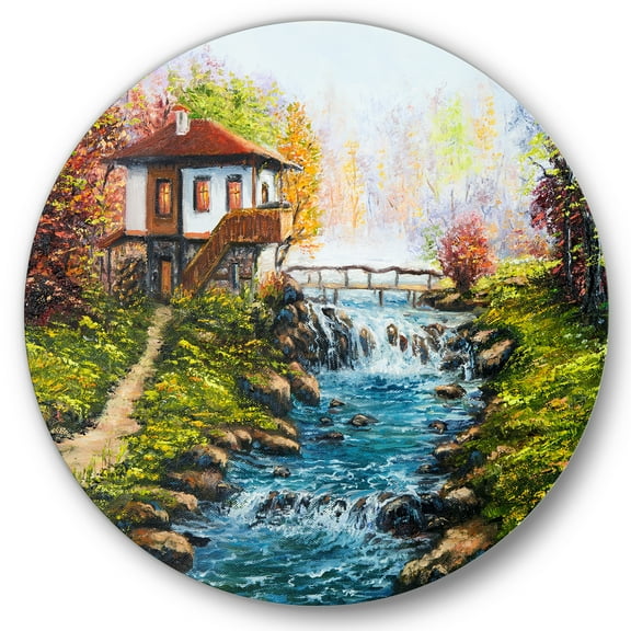 Designart 'Traditional Bulgarian River and House' Lake House Circle Metal Wall Art 36x36 - Disc of 36