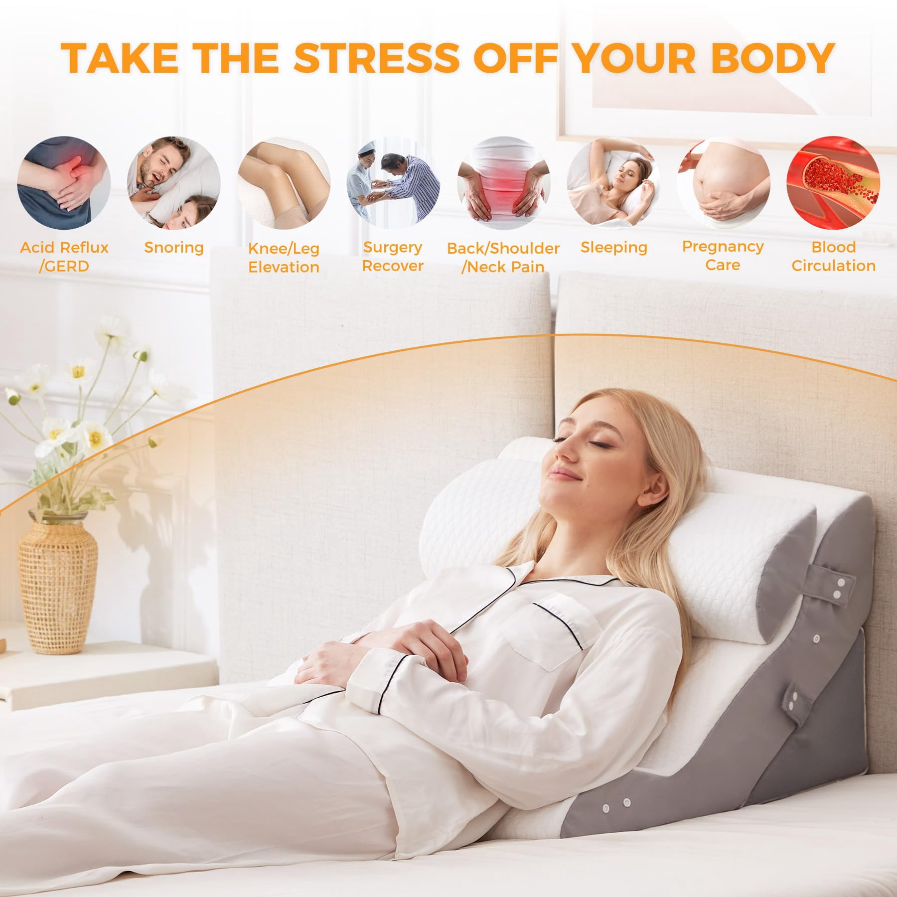 3pcs Wedge Pillow Set For After  Adjustable Bed Sitting Up Acid Reflux Headboard Sleeping & White