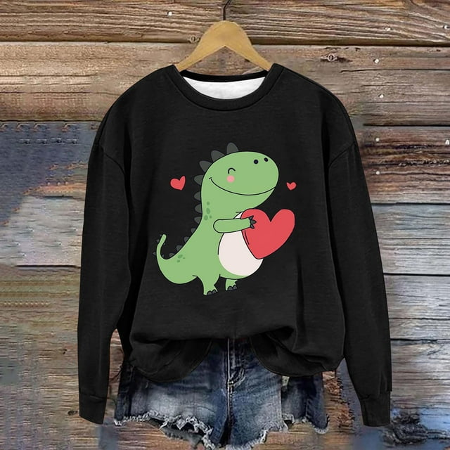 Jsaierl Sweatshirts pour Femmes Imprimé Dinosaure Tendance Hauts Mignons Décontractés Pulls Amples Automne Manches Longues Col Rond Sweatshirt