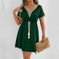 thumbnail image 7 of Efsteb Womens A line V Neck Dress with Pockets Solid Color Short Sleeve Waist Retraction Dress (Green,L), 7 of 7