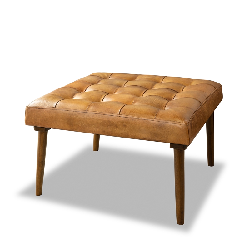 Alvar MidCentury Modern Square Tufted Genuine Leather Ottoman in Tan