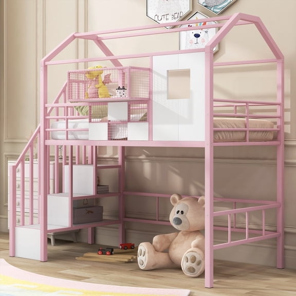 Metal Loft Bed in Pink, Twin Size with Roof & Storage Box Design