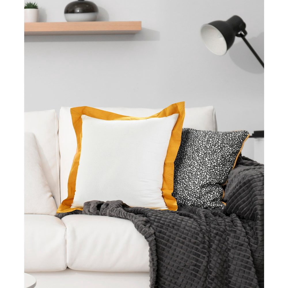LR Home Ox Bay Hand-Woven White/Yellow Bordered All-Natural Cotton Pillow Cover