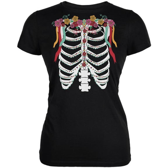 Halloween Day of the Dead Skeleton Costume Juniors Soft T Shirt Black MD