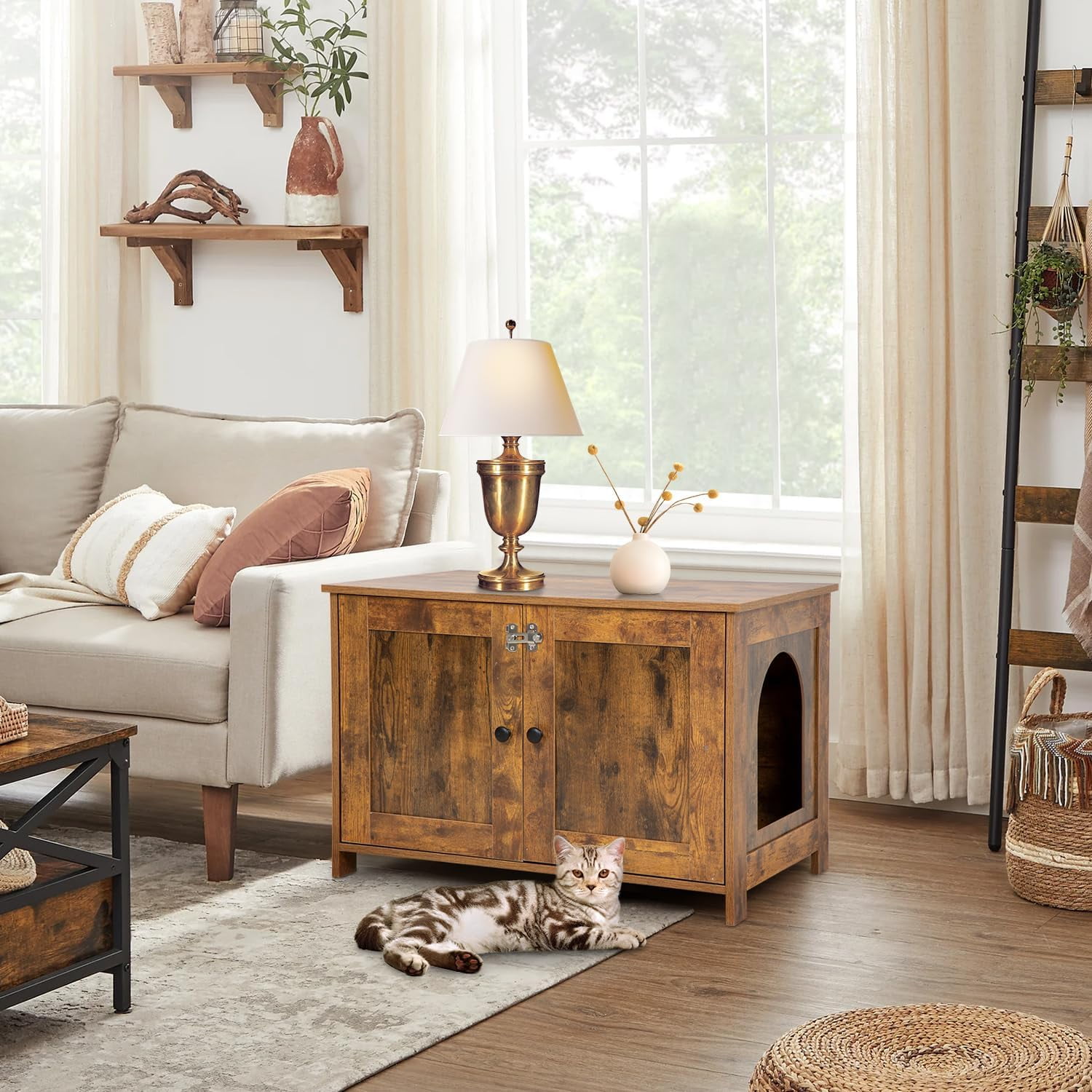 CL.HPAHKL Cat Litter Box Enclosure, Wooden Cat Washroom Hidden Litter Box Furniture with Removable Divider, Brown