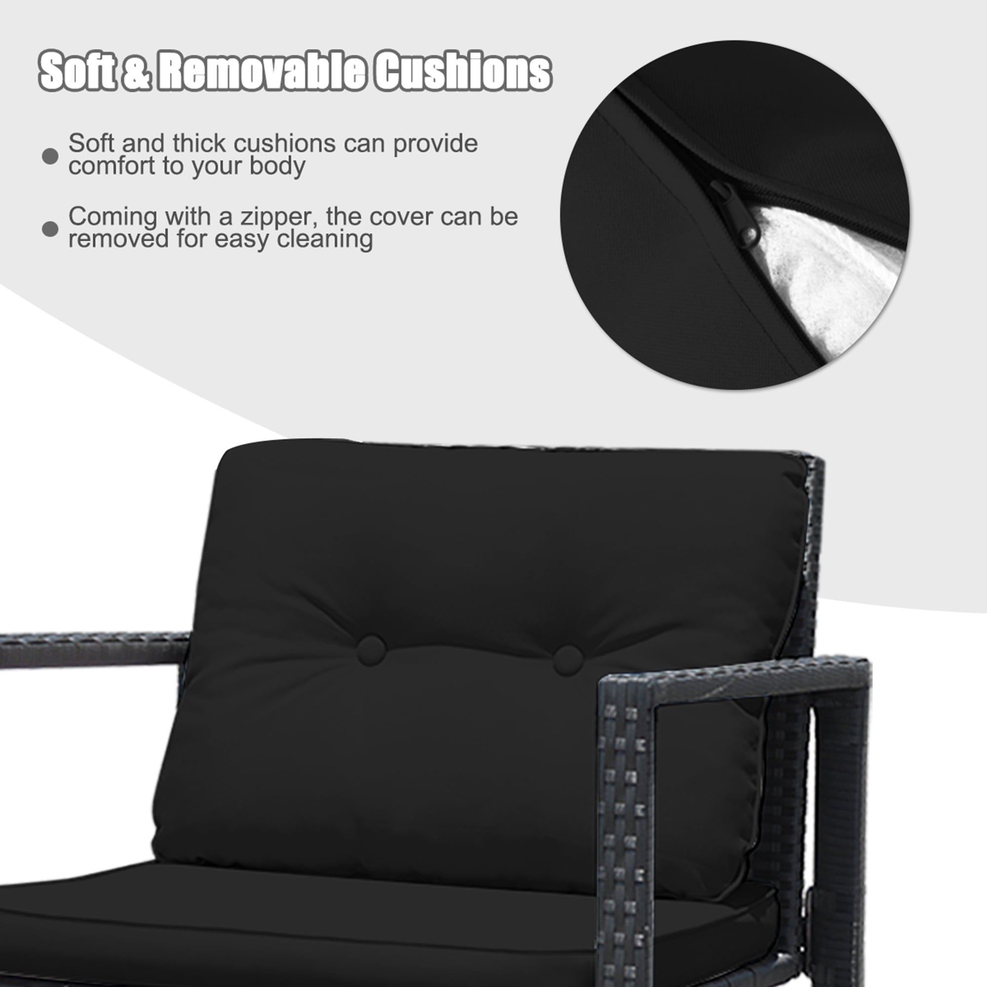 Gymax 3PCS Rattan Rocking Chair Table Set Patio Furniture Set w/ Black Cushions