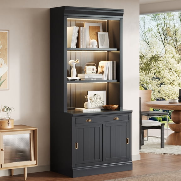 83.4" Tall Bookshelf with 3 pieces LED Lighting, Modern Wood Bookcase with Sliding Doors and Open Shelves, Storage Bookshelf for Living Room, Home Office, Black