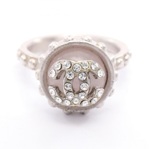 Pre-Owned Chanel Coco Mark Ring, Stainless Steel Rhinestone, Women's, Silver, Pink, Clear