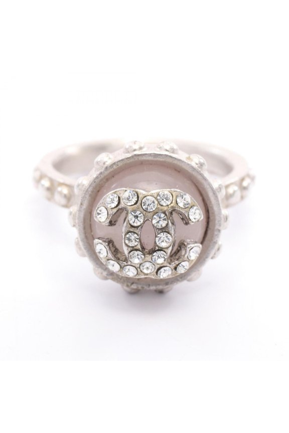 Pre-Owned Chanel Coco Mark Ring, Stainless Steel Rhinestone, Women's, Silver, Pink, Clear