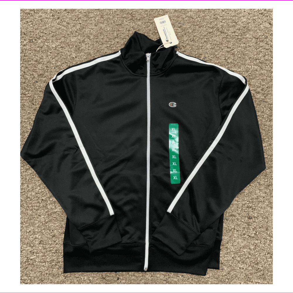 Photo 1 of Champion Men's Sleeve long Full zip Athletic Track Jacket XL/Black
 Logo on left upper chest, long sleeves, white trim & two stripes on each arm, front hand pockets.
