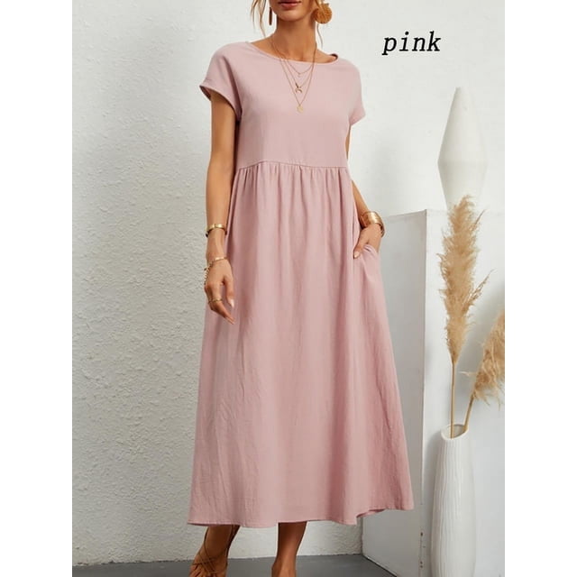 2024 Nouvelle Robe Femme Rétro Couleur Unie Sans Manches Jupe Longue Ample avec Poches