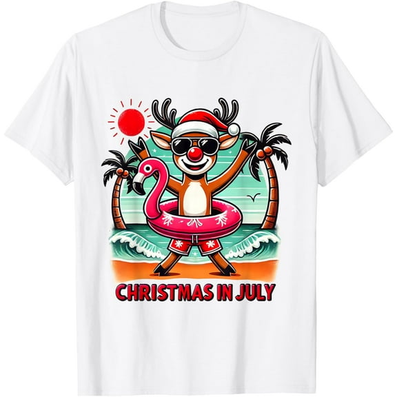 Christmas in July Santa Reindeer Hawaiian flamingo Summer T-Shirt TShirt