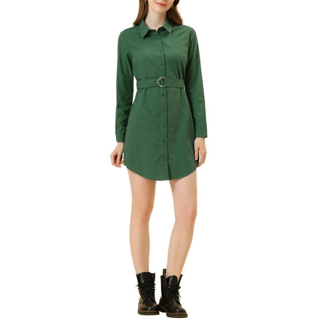 INSPIRE CHIC Robe Chemise à Manches Retroussables avec Ceinture et Col Boutonné pour Femmes TG Vert