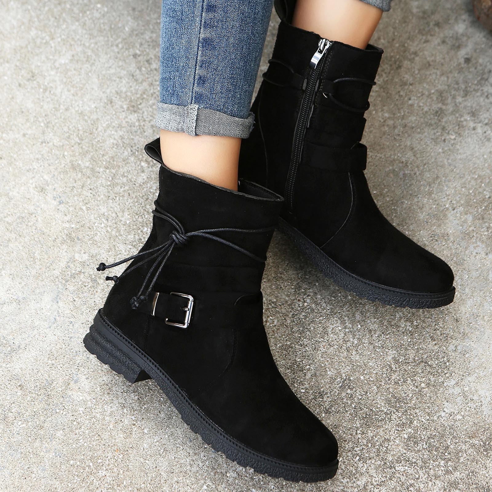 VKEKIEO Ankle Boots Round Toe Low Heel Booties Ornamental Zipper Slip-on Black