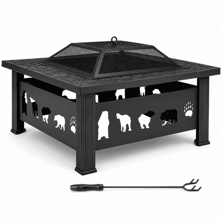 TOPNEST Fire Pit Table for Outside 32 Square Firepit with Bear Cut Out Panels Warming Stove with Poker & Lid Metal Patio Fire Pit for Backyard Garden Lawn