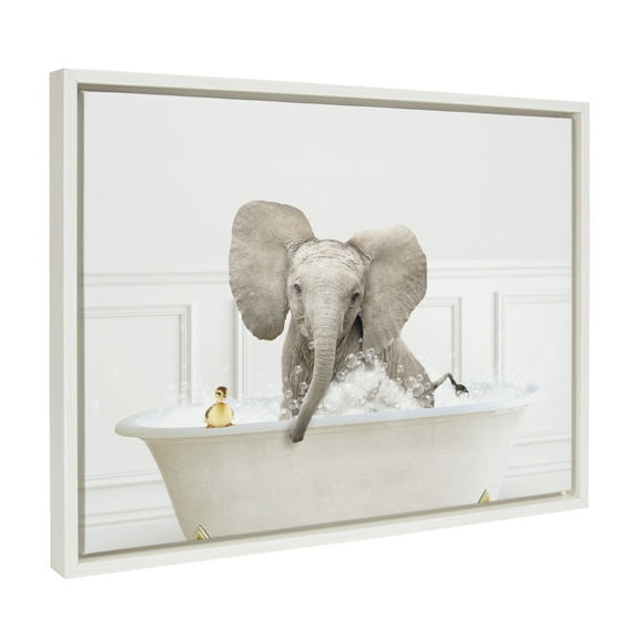 Kate and Laurel Sylvie Baby Elephant No4 In Bubble Bath Neutral Style Framed Canvas Wall Art by Amy Peterson Art Studio, 18x24 White, Modern Animal Art Wall Décor