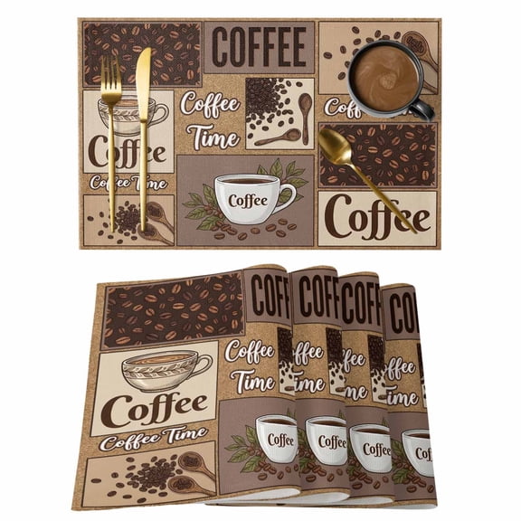 Coffee Time Cotton Linen Placemats Set of 1, Retro Coffee Beans Brown Patchwork Washable Table Place Mats Heat Insulating Placemat for Dining Room Kitchen Daily Use 13 x 19 Inch