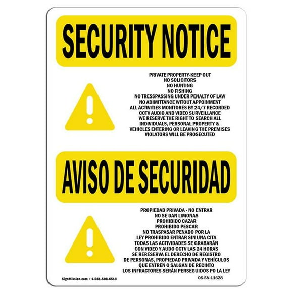 SignMission OS-SN-D-35-L-11628 OSHA Security Notice Sign - Private Property Keep Out
