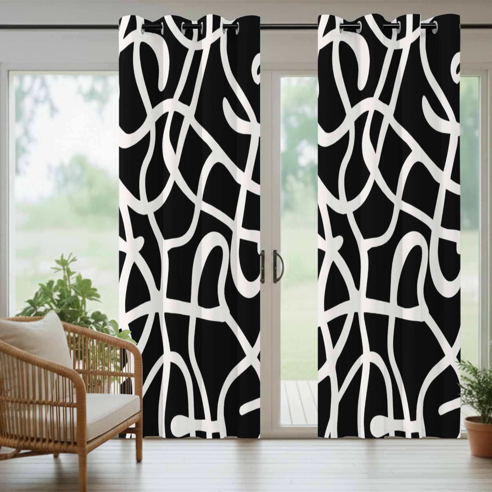 Abstract Line Outdoor Curtains for Patio, Retro White Wave Line Art Black Minimalist Sunshade Privacy Drapes Grommet Waterproof Outside Curtains for Porch/Cabana/Balcony 54"x 108", 1 Panel