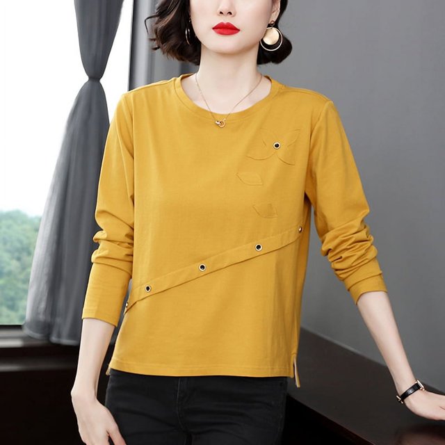 Otoño e invierno nueva camiseta de manga larga ropa de otoño para mujer camisa de fondo de mediana edad ropa exterior de primavera y otoño camiseta suelta