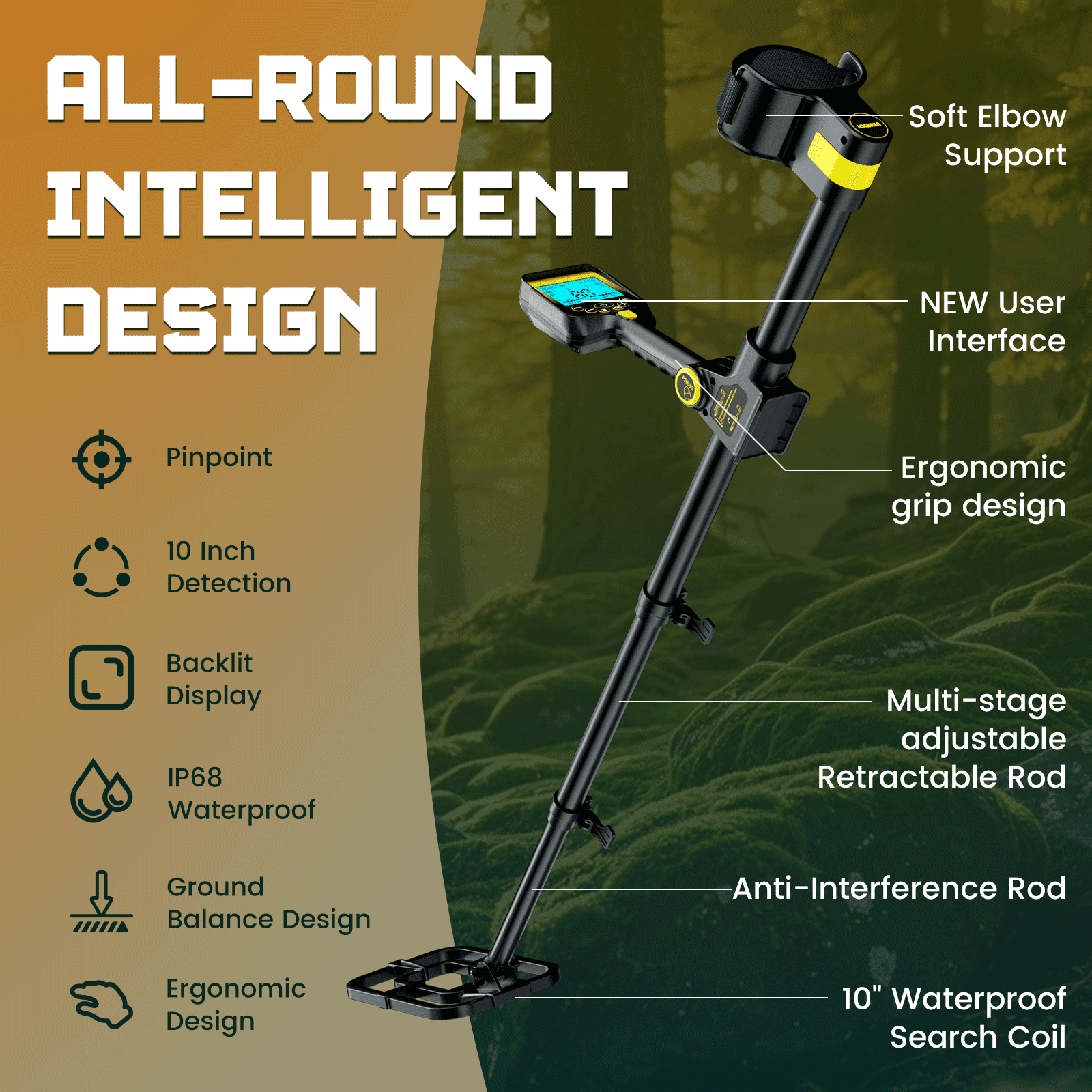 Metal Detector for Adults Waterproof - Adjustable Retractable Foldable Metal Detector Waterproof High Accuracy Gold Detector, Backlit LCD Display,Up to 20 Hours of Extended Runtime, Adjustable Retrac