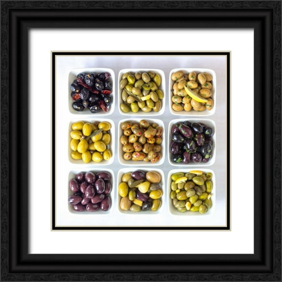 Frank, Assaf 15x15 Black Ornate Wood Framed with Double Matting Museum Art Print Titled - Varieties of Olives in bowls on white background