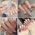 thumbnail image 1 of Press on Nails Short Square Fake Nails French Tip False Nails with Rhinestone Design Full Cover Glitter Acrylic Stick on Nails Diamond Glue on Nails f, 1 of 5