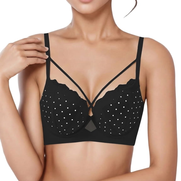 Wang6 Womens Wireless Push up Minimizer Bras Seamless No Underwire Bras Full Coverage Cross Bandage Polka Dots Printed Bralettes Tshirt Bra Black XL