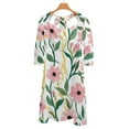 thumbnail image 6 of Pink Flowers White Background Floral Design Women's 3/4 Sleeve Dresses Elegant A-Line Midi Dress Flare Summer Casual Sundress, 6 of 9