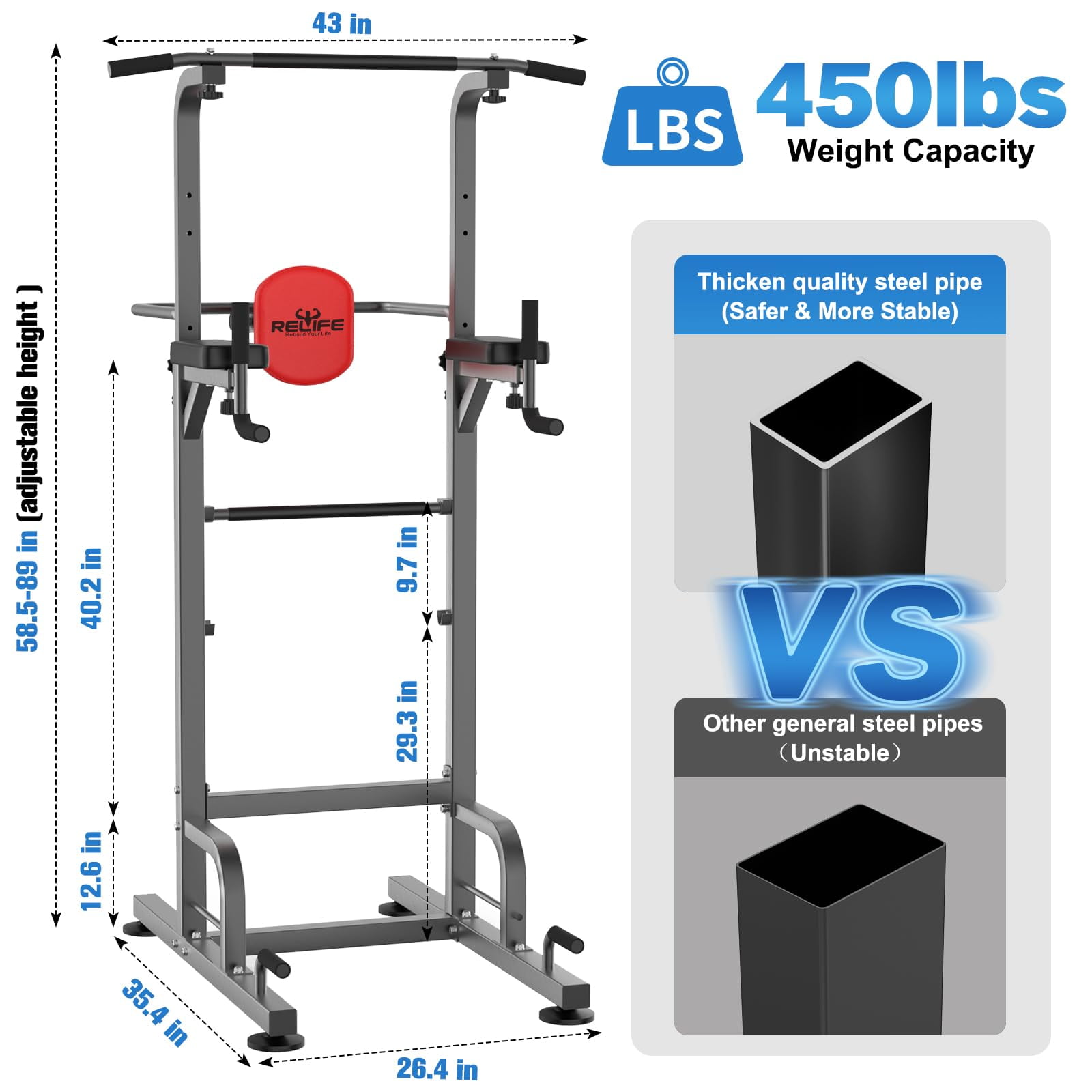 Relife Sports Power Tower Dip Station Pull up Bar Exercise for Home Gym Strength Training 450lb