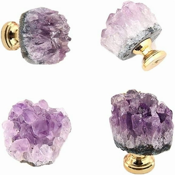 Gamvdout Crystal Drawer Knobs Dresser Knobs 4pcs Natural Amethyst Knobs Crystal Knobs Cabinet Stone Pulls Knobs Handles for Cupboard Cabinet Drawer Dresser Home Office DIY with Two Length Screws