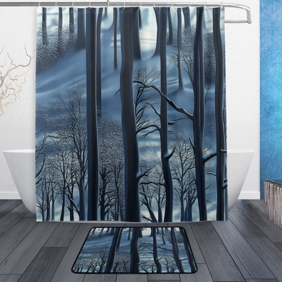 Bath Curtain & Non-Slip Bath Mat Set 12-Grommet Shower Curtain Memory Foam Bath Rug Forest Of Trees