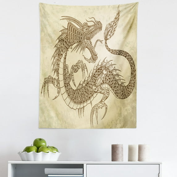 Chinese Art Tapestry, Tribal Ethnic Dragon Drawing Creature Empire Monster Illustration, Fabric Wall Hanging Decor for Bedroom Living Room Dorm, 5 Sizes, Beige and Chocolate, by Ambesonne