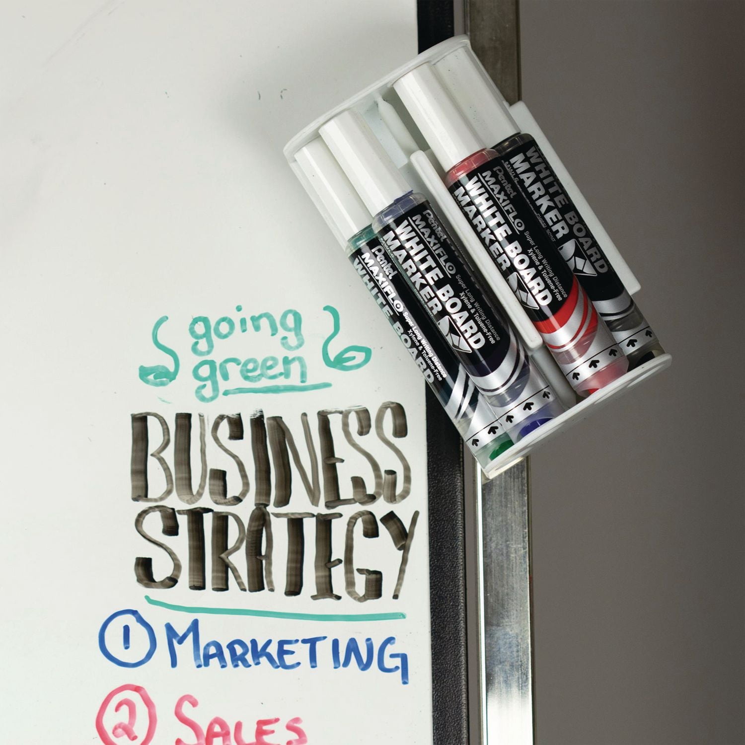 Pentel Liquid Ink White Board Marker, Chisel Tip, 4 Pack; Black, Blue, Red, Green