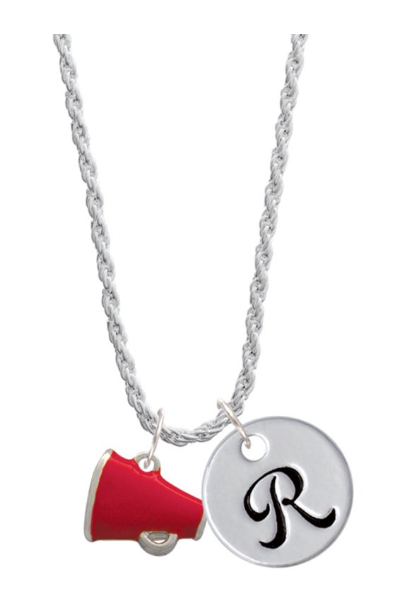 Silvertone Small Red Megaphone Silvertone Script Initial Disc - R - Charm Necklace, 20"+3"