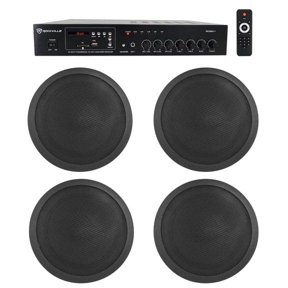 Rockville Commercial 70v Amp (4) Black 6" Ceiling Speakers 4 Restaurant/Bar/Cafe