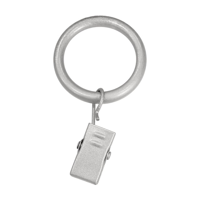 Mainstays 1-inch nickel curtain clip ring with a spring-loaded clip for securing curtains.