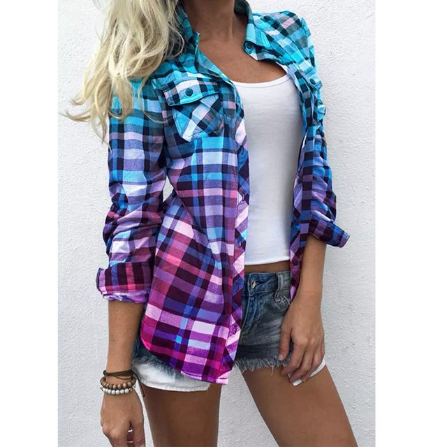 Camisas A Cuadros Para Mujer Camisa A Cuadros Para Mujer Patrón A Cuadros Casual Bolsillo En El Pecho Colores Vivos De Moda Túnica A Cuadros Para Mujer Para Mujer Púrpura Azul S ANGGREK IJ1711