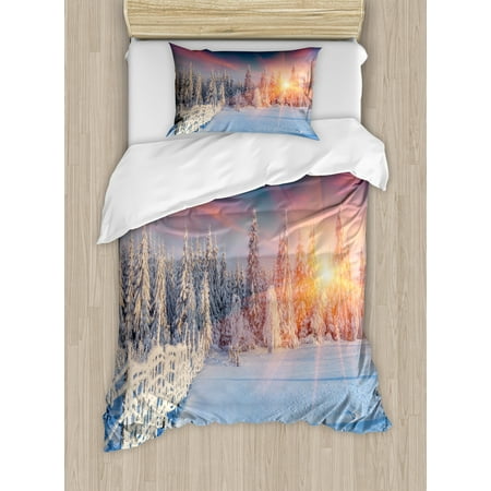Photo Print Bedding Winter Twin Size Duvet Cover Set, Colorful Winter Panorama Photograph of Carpathian Mountains Ukraine Europe Print, Decorative 2 Piece Bedding Set with 1 Pillow Sham, Multicolor, by Ambesonne ()