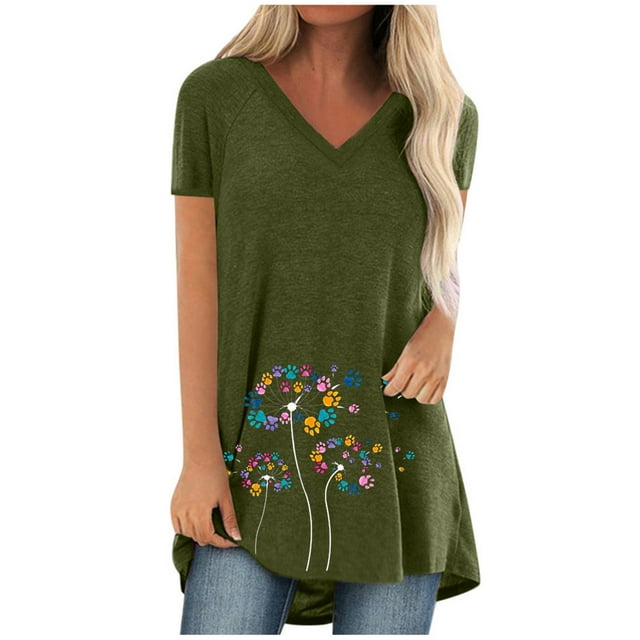 WEIYLL Ladies T Shirts Plus Size Print V-Neck Short Sleeve Long Green Blouse Sizes XXXXL