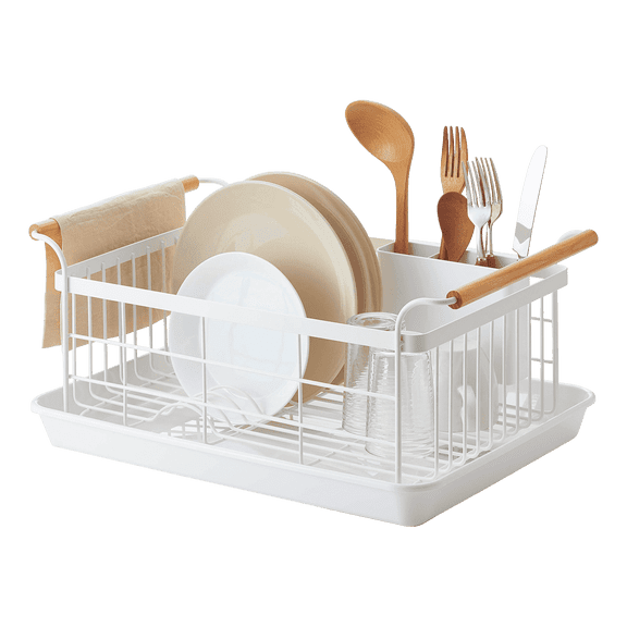 Yamazaki Home Dish Rack, Gray, Steel Wood, Supports 22 pounds, Drainer Tray, Handles, Utensil Holder, Water Resistant, No Assembly