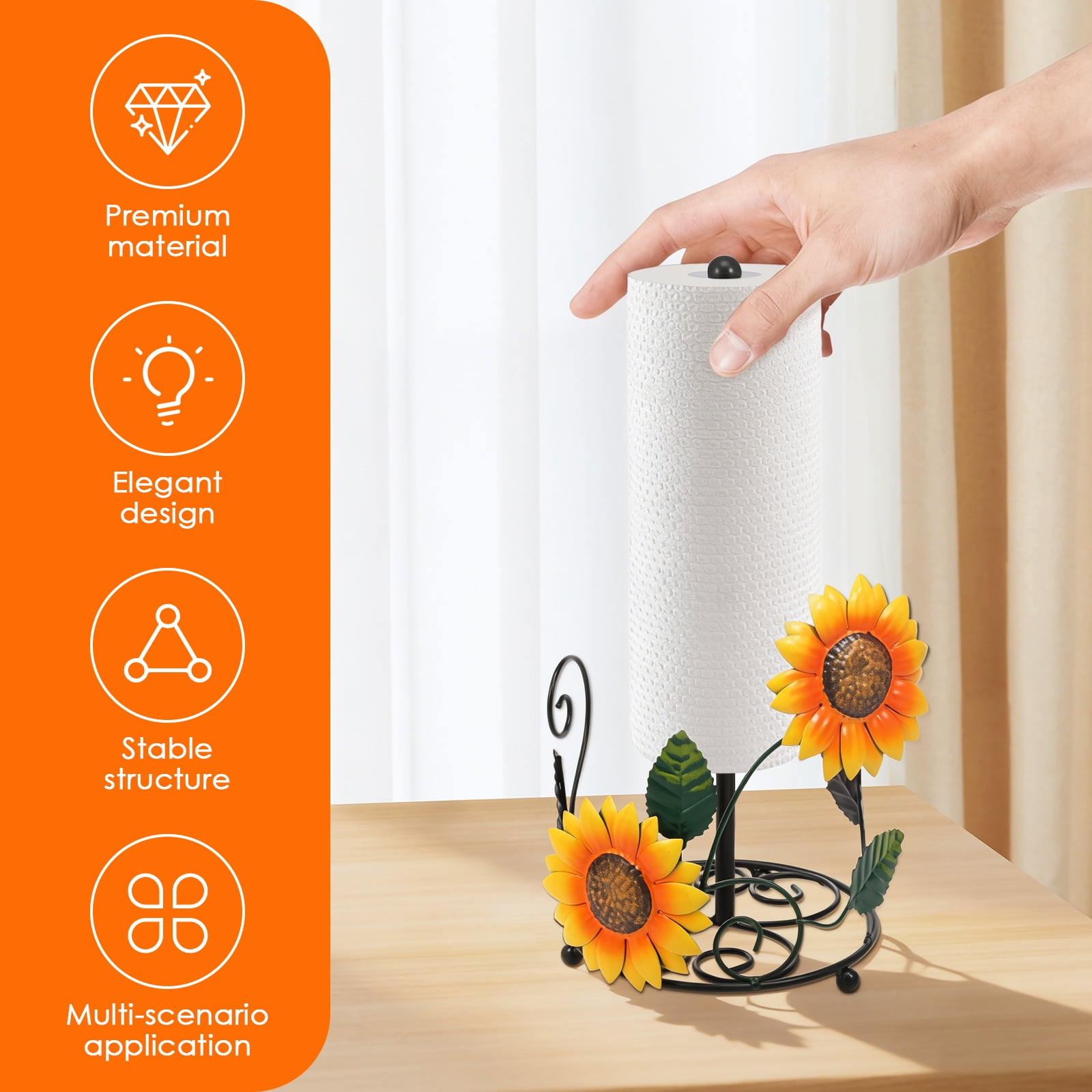 OKYMOTOR Sunflower Paper Towel Holder for Countertop, Heavy-Duty Iron with Weighted Base, Snag-Free Kitchen Decor, Fits Jumbo Rolls