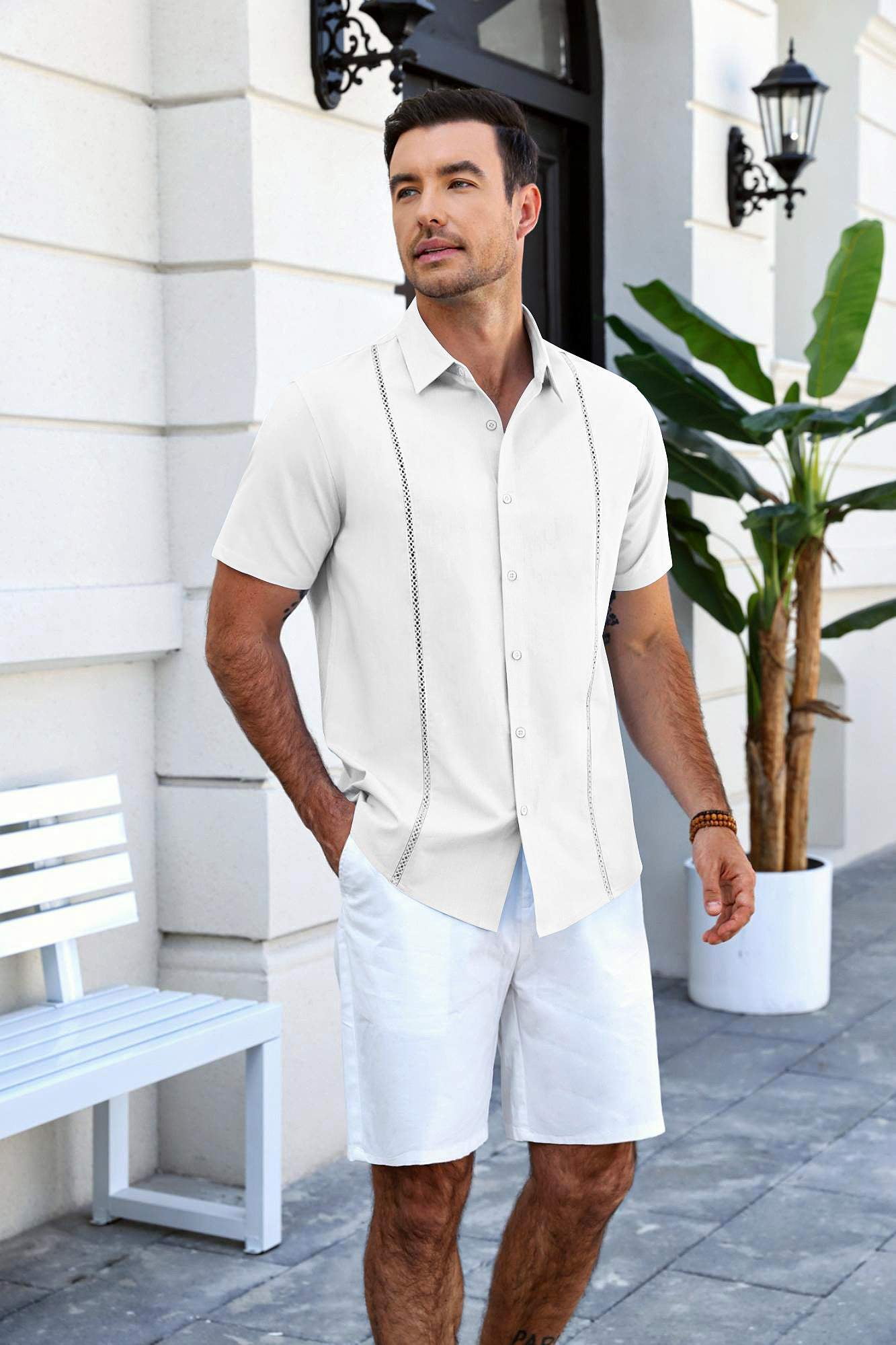 COOFANDY Men's Relaxed Fit Button-Up short Shirt with Decorative Stripes - Casual and Office Wear