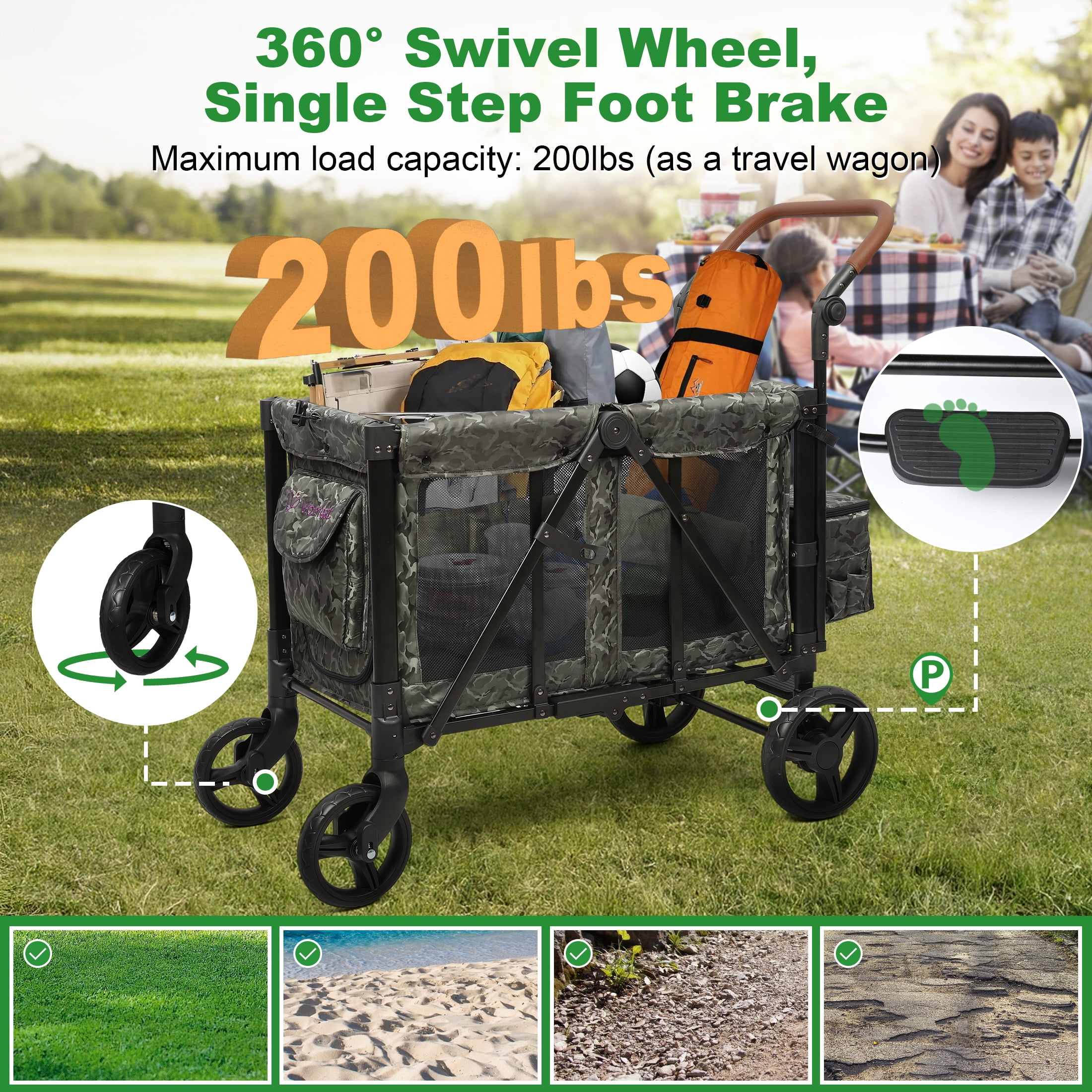 Vomeast Wagon Stroller for 2 Kids, 3-in-1 Stroller Wagon with Canopy, 5-Point Harness, Adjustable Handlebars, Removable Seat for Toddlers, Camo Green