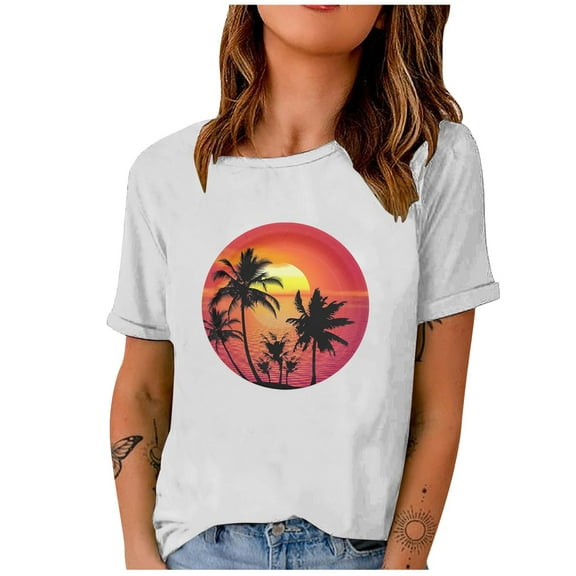 Fesfesfes Womens Short Sleeve Tops Fashion Woman Print Round-Neck Short Sleeve T-Shirt Printing Loose Blouse Tops Women T Shirts Short Sleeve 8(L)
